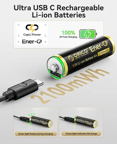 Miniatura 2 de ORICO Ener-G Batería de iones de litio recargable AA de 1.5 V 2100 mWh, carga USB-C de 2 horas, carga rápida de más de 1500 ciclos para controlador