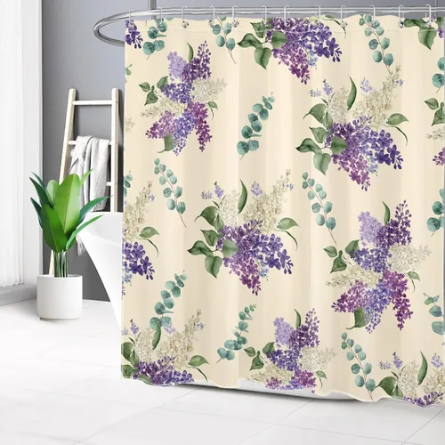 Miniatura 13 de EOBTAIN Cortina de ducha floral púrpura para baño, flores de acuarela y hojas de eucalipto verde sobre beige, cortina de ducha con 10 ganchos, juego