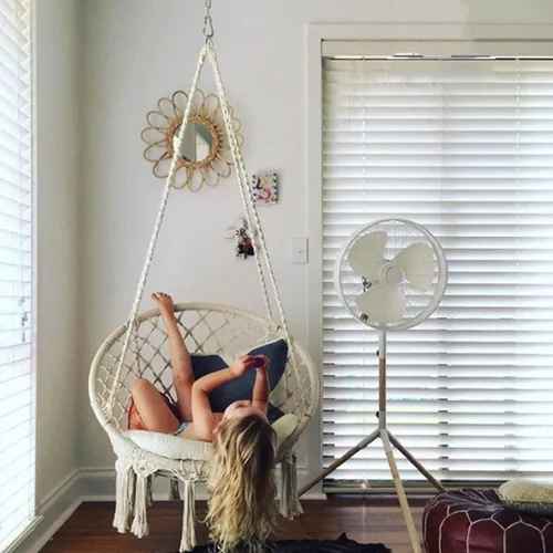 Miniatura 5 de Garpans Hamaca de macramé, estilo bohemio, hamaca con borlas, columpio colgante hecha a mano, cuerda de algodón tejida a mano para interiores y Beige