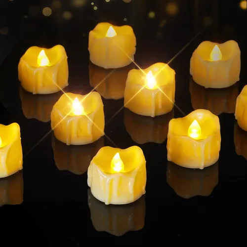 Homemory 12Pcs Dripping Flameless LED Tea Lights, 1.58" x 1.2" Battery Operated Flickering Fake Candles, 200+ Hours Electric Votive Tealights for