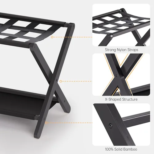 Miniatura 4 de HITNET Portaequipajes para habitación de invitados, soporte de maleta plegable, soporte de equipaje de hotel de bambú con estante de almacenamiento