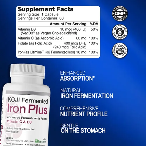 Miniatura 2 de Koji Fermented Iron Plus - Suplemento de hierro con vitamina C, vitamina D3 y folato para apoyo sanguíneo, fácil de absorber y biodisponible, apto