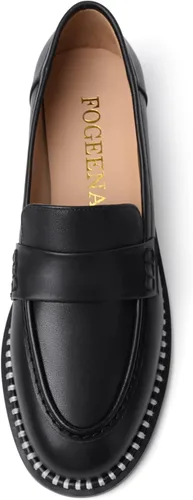 Miniatura 3 de FOGEENA Mocasines de cuero mate para mujer, estilo casual, sin cordones, punta redonda, tacón bajo grueso, zapatos de vestir de 1 pulgada