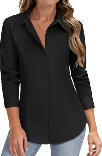 Miniatura 20 de HOTOUCH Camisas de manga larga con botones para mujer, camisas de vestir con protección contra manchas, ajuste delgado, blusas de trabajo, oficina