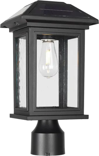 Luces de poste solares para exteriores, lámparas de poste negro impermeables y antioxidantes con vidrio transparente, lámpara LED alimentada por