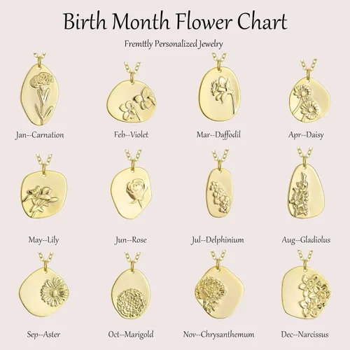 Miniatura 4 de Fremttly - Collar con dije de moneda ovalada con flor de 12 meses de nacimiento, collar de oro real de 14 quilates, delicada, regalo personalizado