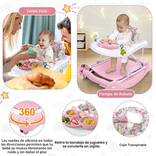 Miniatura 3 de Andador de actividades plegable 5 en 1 para bebé, balancín, centro de actividades, gorila, caminador de asiento, caminador de empuje, ruedas Rosa