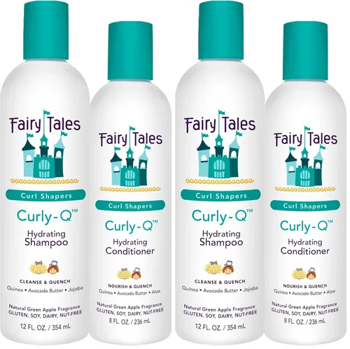 Fairy Tales Curly Q - Champú hidratante para niños de 12 onzas y acondicionador de 8 onzas, sin parabenos, sulfatos, gluten y nueces, para todos los