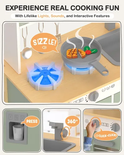 Miniatura 3 de Babytronic Cocina de juego para niños, juego de cocina de madera para niños a partir de 3 años con luces reales, sonidos, estufa, fregadero, horno