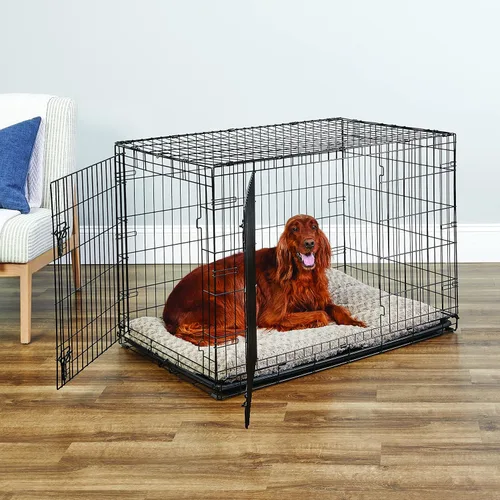 Miniatura 2 de New World - Jaula plegable de metal de doble puerta de 42 pulgadas para perros, incluye bandeja a prueba de fugas, patas protectoras del suelo