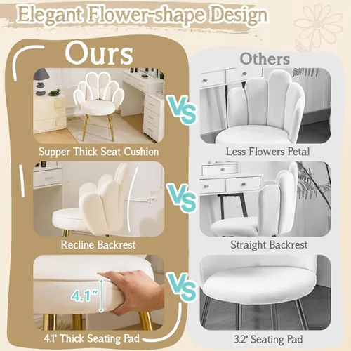 Miniatura 3 de VINGLI Silla de Maquillaje con Pétalos y Respaldo, Silla Linda de Terciopelo para Niñas, Silla de Escritorio Cómoda Sin Ruedas, Silla Moderna