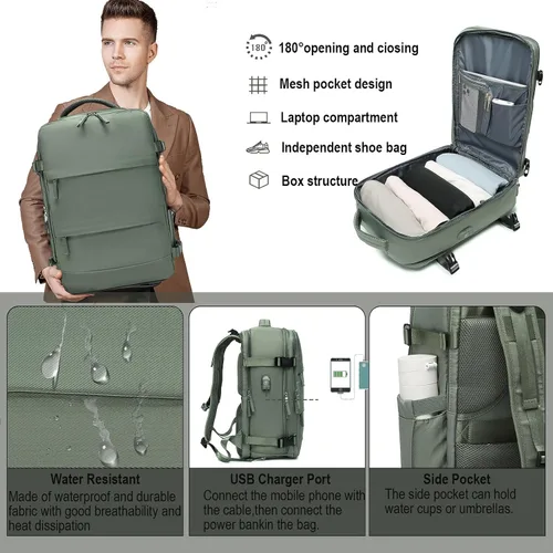 Miniatura 3 de Somago Mochila de viaje con 3 compartimentos grandes, aprobada por aerolíneas, mochila de mano casual, para portátiles de hasta 16 pulgadas, Verde