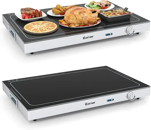 COSTWAY Bandeja de calentamiento eléctrica con temperatura ajustable y asas integradas, calentador de alimentos con parte superior de vidrio