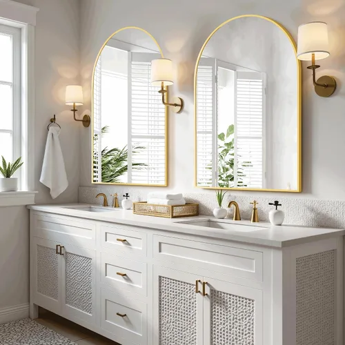 Miniatura 3 de Espejo de baño arqueado para pared, espejo para tocador, espejo grande de 30 x 20 pulgadas, marco de metal (30 x 20 pulgadas, dorado)