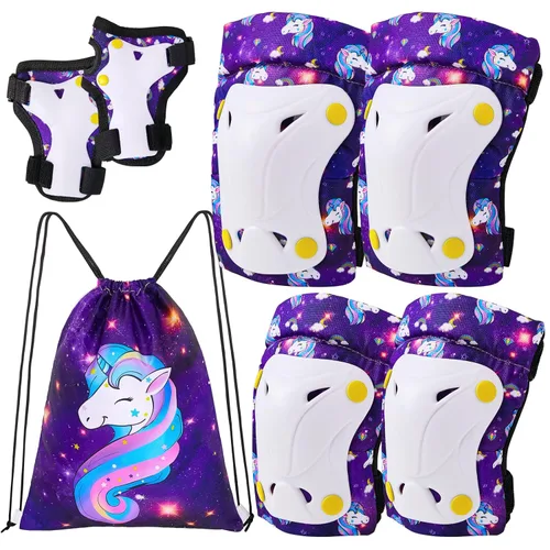 Rodilleras FIODAY para niños, rodilleras y coderas para niños pequeños con bolsa de cordón, juego de equipo de protección ajustable para niñas y