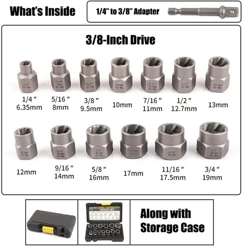 Miniatura 2 de Juego de extractor de tuercas de perno de impacto de 3/8 pulgadas, kit de 13 piezas de extractor de tuercas de llanta de 1/4"-3/4" con un adaptador