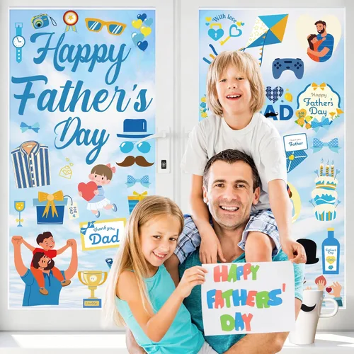 Miniatura 7 de 77 calcomanías para ventana del Día del Padre, 9 hojas de decoración azul para el Día del Padre, calcomanías de doble cara para ventanas de vidrio