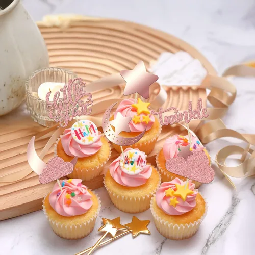 Miniatura 7 de Gyufise 24 piezas de decoración de cupcakes con purpurina de luna, nube, decoración de tartas de estrellas parpadeantes, baby shower, niños, Oro