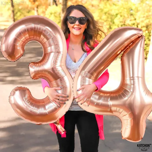 Miniatura 3 de Katchon, Globos gigantes de oro rosa con el número 34, 40 pulgadas, decoraciones de cumpleaños número 34 para mujer, globos de oro rosa del número