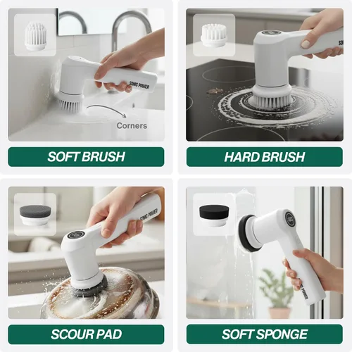 Miniatura 3 de SonicPower Cepillo Eléctrico Giratorio, de mano y ergonómico, impermeabilización IPx7, 4 accesorios multiusos incluidos, batería recargable de larga