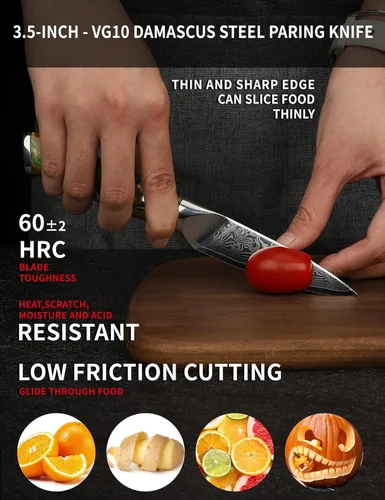 Miniatura 2 de Cuchillo de pelar de 3.5 pulgadas, cuchillo de cocina para frutas y verduras de acero de Damasco y mango de resina - Serie Xuan (Naranja Fantasía)