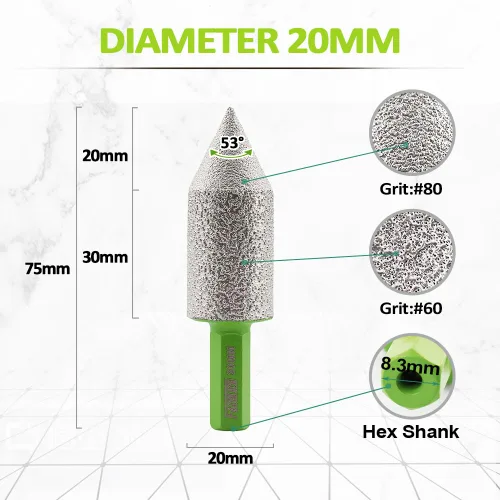 Miniatura 2 de Broca de fresado de biselado de diamante - Broca de cono de azulejos Biselado 4/5" vástago hexagonal 20MM Granito Agujeros de ampliación de mármol