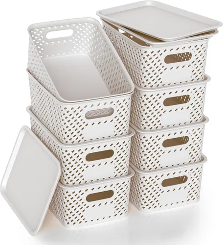 Miniatura 8 de Contenedores de almacenamiento de plástico con tapa, cesta pequeña apilable para organización y contenedores para estantes, cajones, escritorio