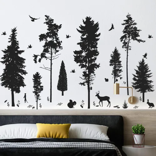 Miniatura 6 de Vinilo adhesivo de pared de pino, 9 árboles, ciervos, pájaros, conejos, bosques y naturaleza, removible de vinilo negro de alta calidad para niños