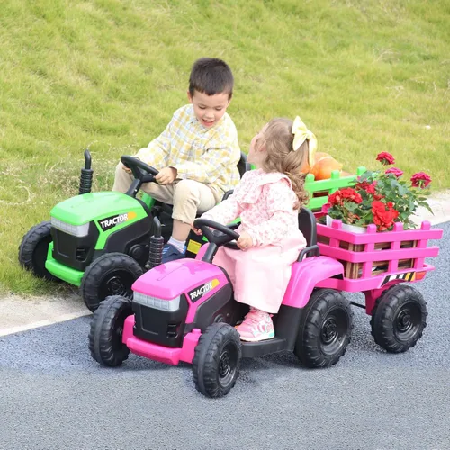Miniatura 9 de TOBBI - Tractor de juguete a batería de 12 V con remolque color verde, rosado y rojo Rosa Rojo