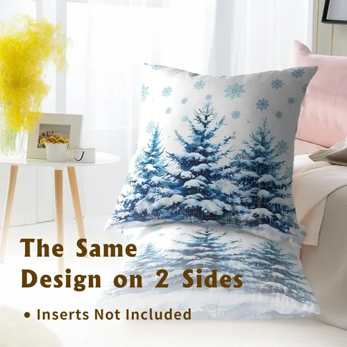 Miniatura 5 de Juego de 2 Fundas de Almohada Bosque Nevado, Copos de Nieve Azules Pinos Cuadradas Funda Decorativa de Cojín Algodón Suave Blanco 18x18 Pulgadas