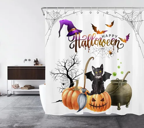 Miniatura 2 de LB Cortina de ducha de terror de Halloween, gato negro sobre calabaza por árbol muerto, juego de cortinas de ducha de bruja morada, murciélagos