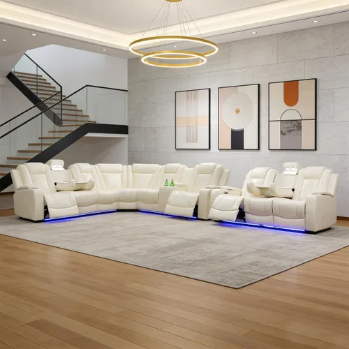 Miniatura 45 de Juego de sofá modular reclinable eléctrico para sala de estar, juego de sofá reclinable de cuero con luces LED / almacenamiento oculto, sofá