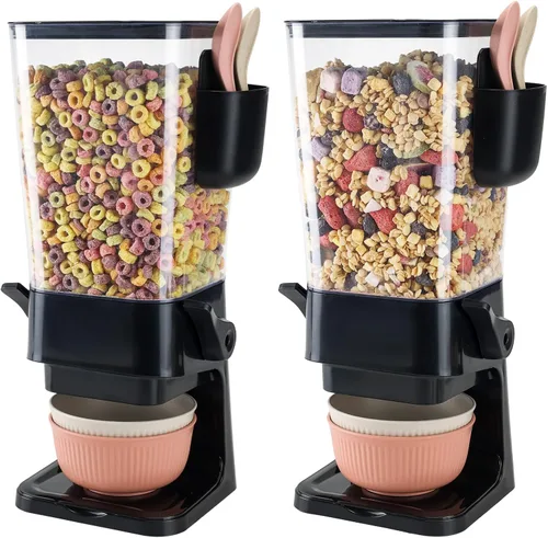 Osacoe Dispensador de cereales para encimera, color negro, paquete de 2 con cuencos, cucharas, caja de cubiertos, dispensador de alimentos secos de