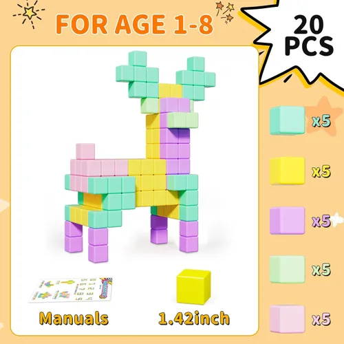 Miniatura 7 de Bloques magnéticos grandes de viaje, 20 bloques de construcción de 1.42 pulgadas para niños pequeños de 3 a 5 años, cubos magnéticos para niños