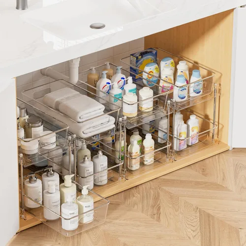Vtopmart - Organizadores de baño, 4 piezas, 2 niveles, transparentes, bajo el fregadero, almacenamiento para tocador o encimera, cajones para