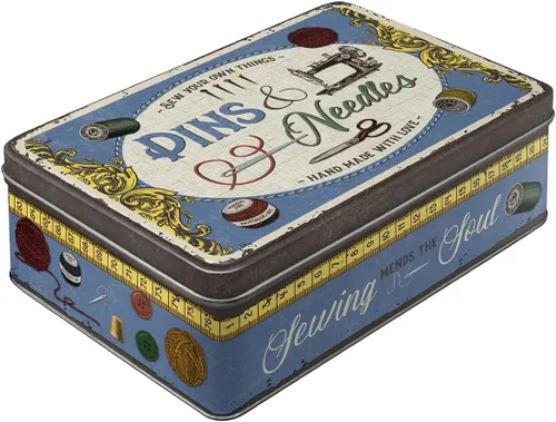Nostalgic-Art Caja de lata de almacenamiento retro plana, 84.5 onzas, caja de costura de pines y agujas, idea de regalo para tu hogar, lata de metal