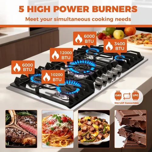 Miniatura 2 de TOPWISH Estufa de gas de 36 pulgadas, estufa de gas de 5 quemadores, estufa de gas NG/LPG convertible 304 de acero inoxidable 304, estufa natural