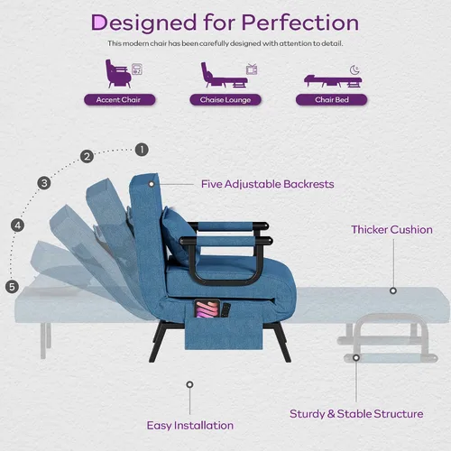 Miniatura 5 de TYBOATLE Silla Cama Convertible para Adultos, Silla Cama Plegable 5 en 1 con Respaldo Ajustable de 5 Posiciones y Almohada, Cómodo Sofá Cama Futón