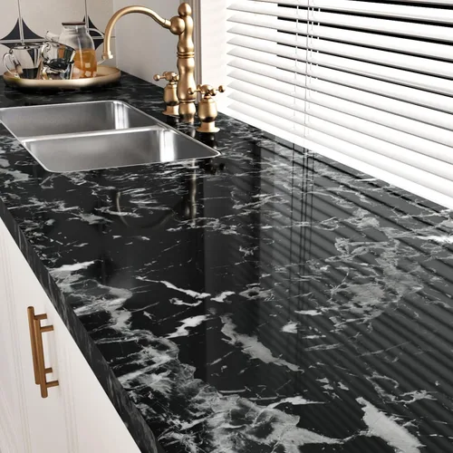 Papel de contacto de mármol blanco y negro brillante para cocina, baño, papel tapiz de granito brillante, despegar y pegar, encimeras, papel de