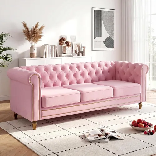 Miniatura 11 de Sofá Chesterfield de terciopelo de 84 pulgadas, sofá moderno de 3 plazas de mediados de siglo con brazos enrollados, marco de madera maciza y patas