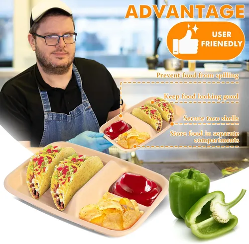 Miniatura 4 de tchrules 25 platos de tacos desechables para 2 tacos y 2 lados, soportes de papel prémium para tacos de martes y bar, suministros de decoración (25)