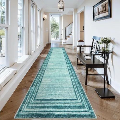 Miniatura 84 de Alfombra de pasillo moderna abstracta Lahome, alfombra lavable turquesa de 2 x 6 pulgadas para entrada, alfombra antideslizante de bajo pelo