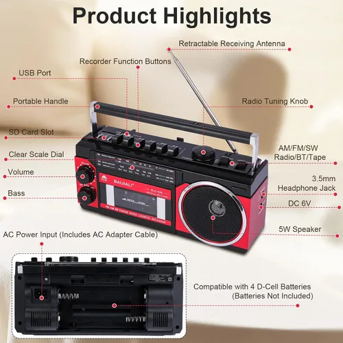 Miniatura 4 de Reproductor de casete portátil con radio AM/FM/SW y BT, Boombox para el hogar y viajes, grabación desde radio, reproducción a través de SD/USB