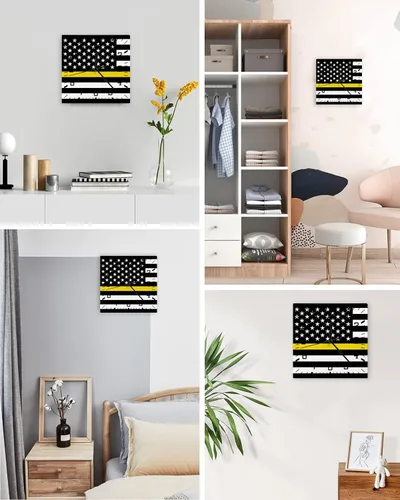 Miniatura 4 de Reloj de pared de madera con bandera de línea amarilla fina, silencioso, sin tictac, bandera estadounidense, rayas amarillas, reloj de pared