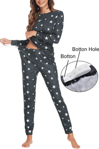 Miniatura 3 de Ekouaer Conjunto de ropa interior térmica de maternidad y lactancia, conjunto de pantalones largos de punto a rayas, capa base superior e inferior