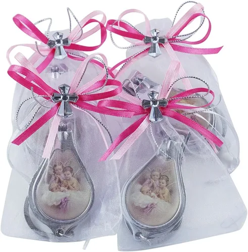 12 llaveros de bautismo con cortaúñas y abridor de recuerdos de fiesta para niñas, diseño de bautizo recuerdos/ángel bebé en bolsas decoradas Rosa-1
