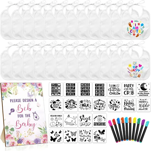 Newwiee 55 Piezas Baberos Blancos para Bebé Diseño Decorativo Decora un Babero Decora Baberos Lisos para Recién Nacidos Letrero de Madera para Kit