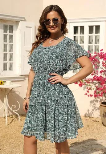 Miniatura 5 de Nemidor NEM297 - Vestido casual de verano con estampado, de gasa para mujer, talla extragrande, con manga con volantes, por debajo de la rodilla