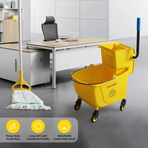 Miniatura 2 de Combo de escurridor de prensa lateral, cubo rectangular de limpieza de pisos con ruedas, 35 cuartos de galón, amarillo, añade una fregona y un