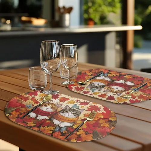 Miniatura 4 de Holiday Placemats Set of 2 Fall Cat Waterproof Wipeable Faux Leather Non Slip for Family Autumn Dinner Heat Resistant Table Mats Thanksgiving Easy